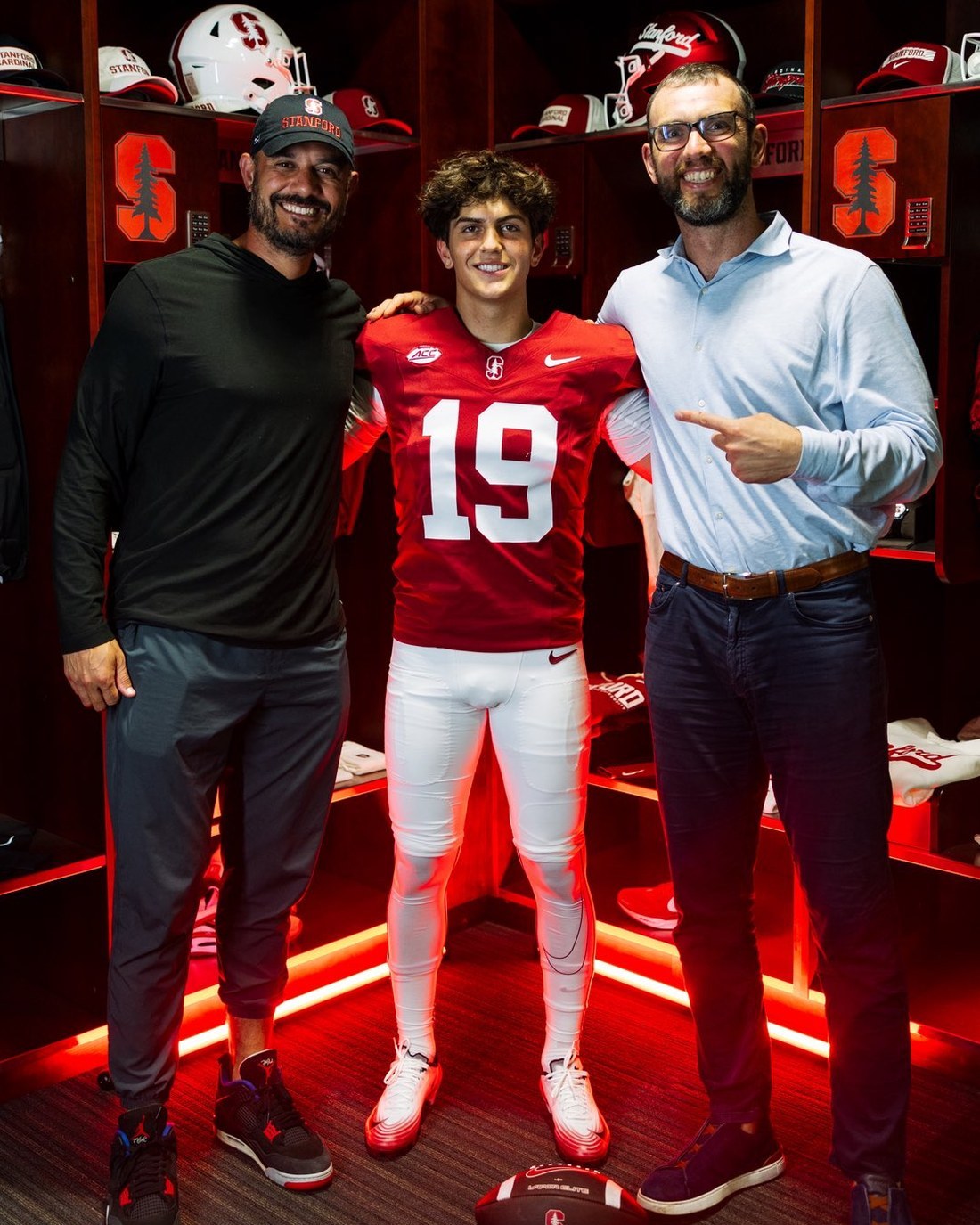 Gabriel Goroyan in a Stanford uniform in the Stanford locker room