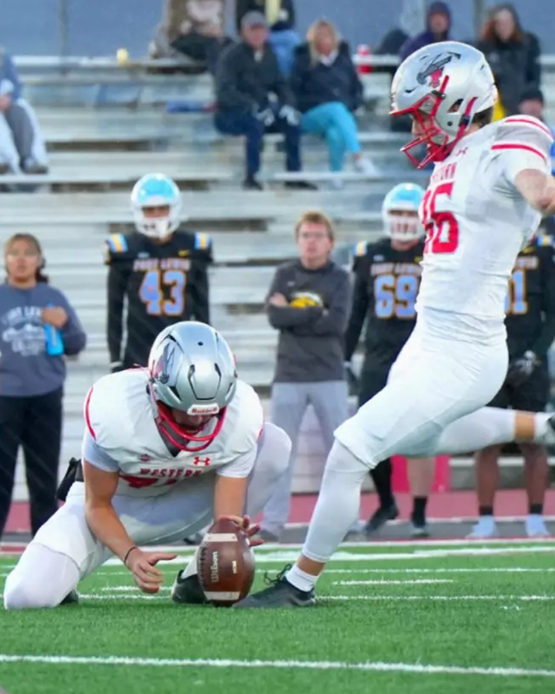 JT Miller, kicker, kicking a field goal for Western Colorado